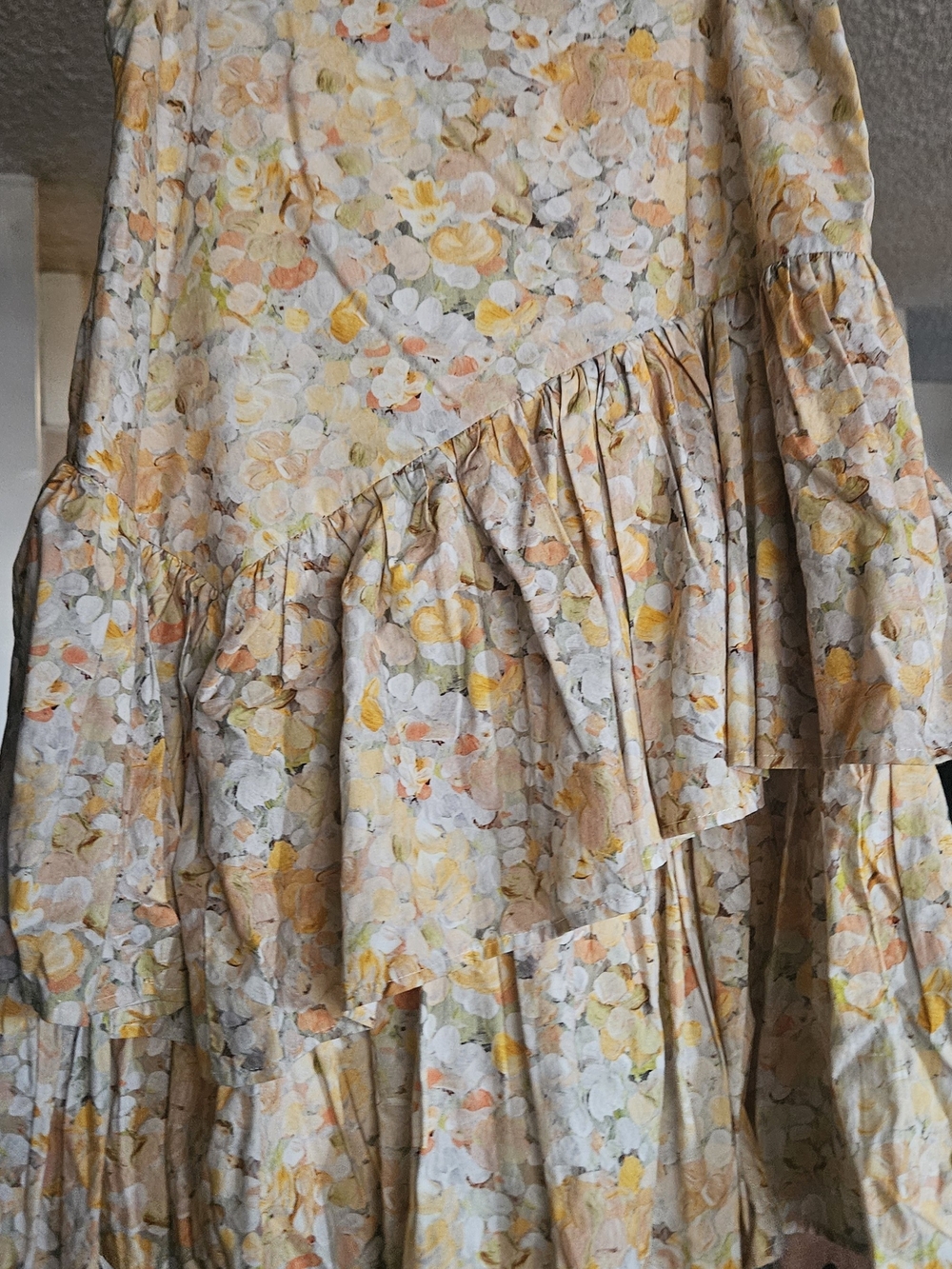 Floral A-Line Tiered Skirt in Pastel Yellow and Cream